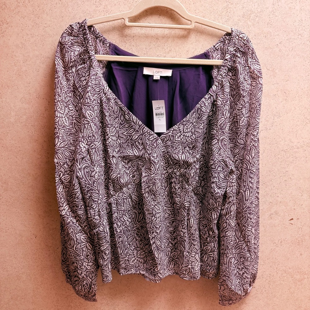 LOFT‎ XL Womens NWt Purple Paisley Floral Boho Office Lined Long Sleeve Blouse